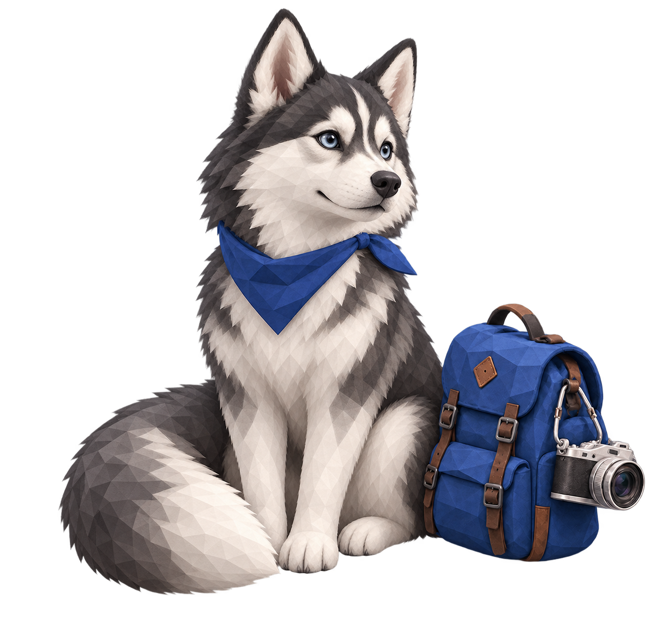 A husky traveler beside a backpack and camera